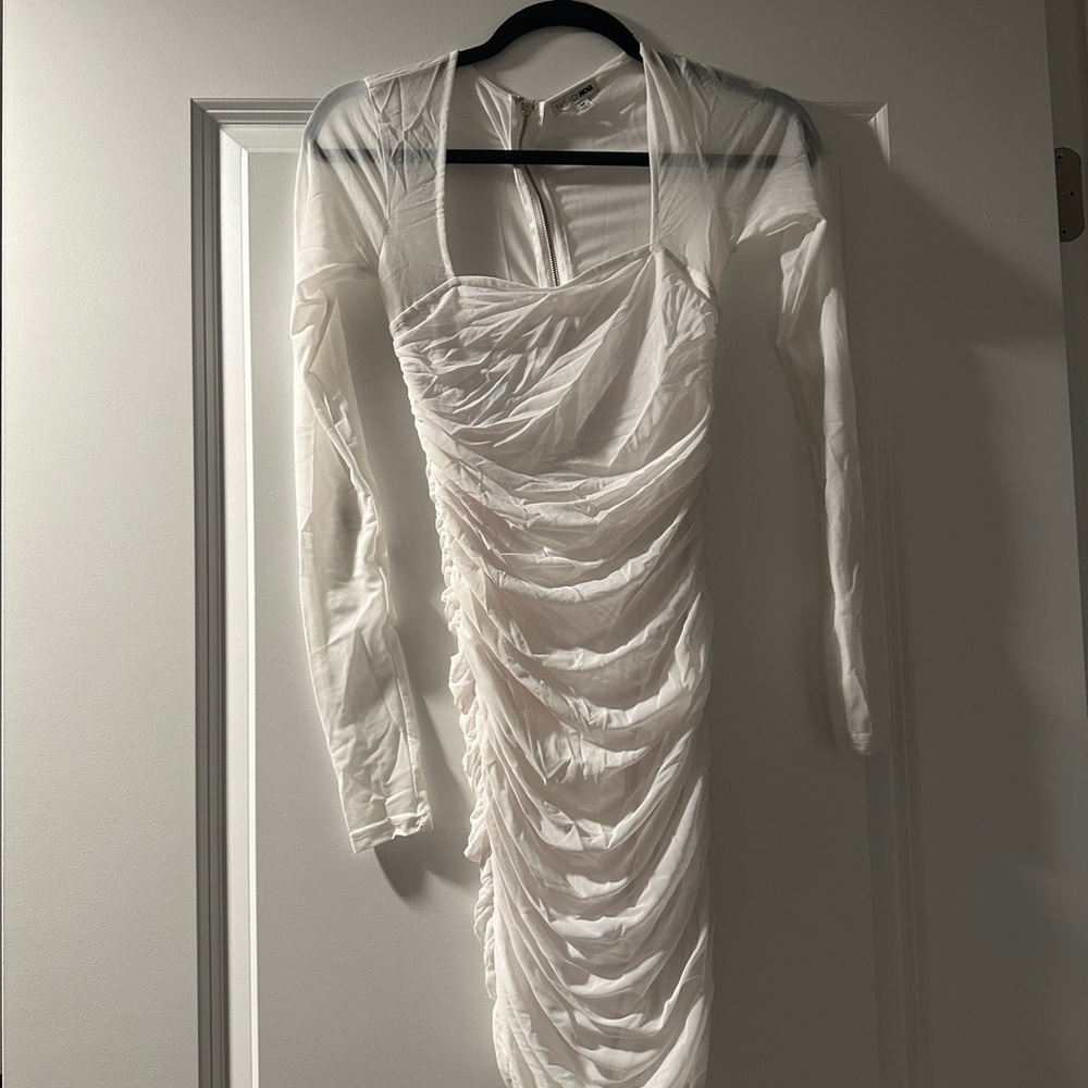 White ruched long mesh sleeve dress